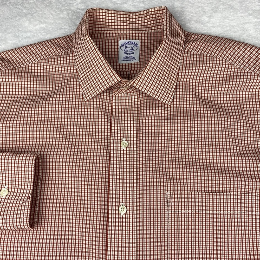 Brooks Brothers Shirt Mens 16.5-33 Burnt Orange Checks Classic No Iron